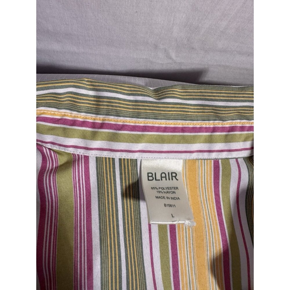 Blair Women’s Striped Button Down Shirt L Pink Green Yellow Long Sleeve - Picture 2 of 7